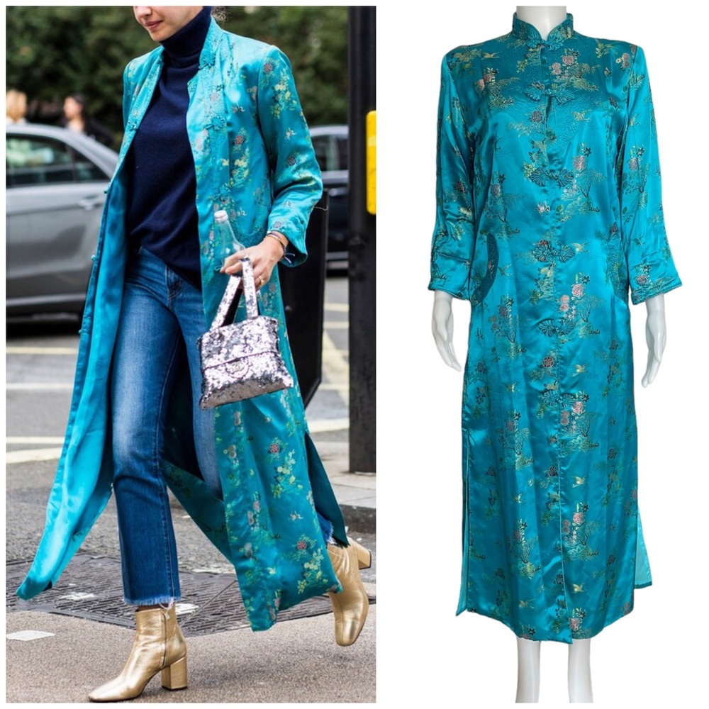 50’s Vintage Couture Turquoise Satin Silk Oriental Coat